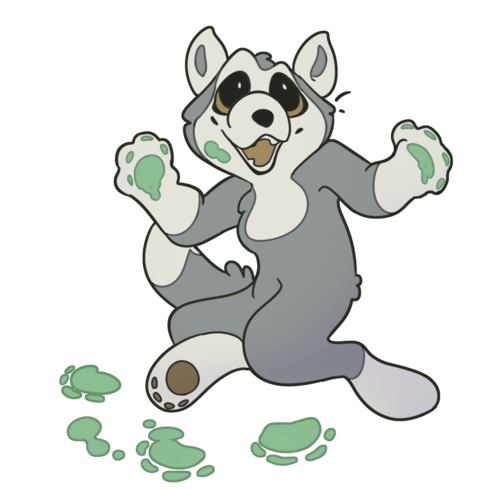 Cody the craft wolf is finger painting. Green paint is all over the floor and his paws.