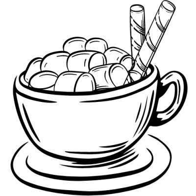 Black and white mug overflowing with marshmallows with two cinnamon sticks