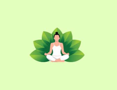 Background colour, light green, logo of person in yoga position.